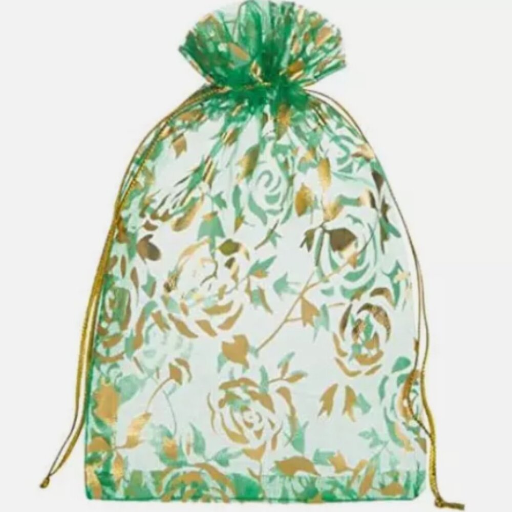 100 Pack Organza Gift Bag 4x6 Green Sheer Gold Rose Drawstring Wedding Favor NEW